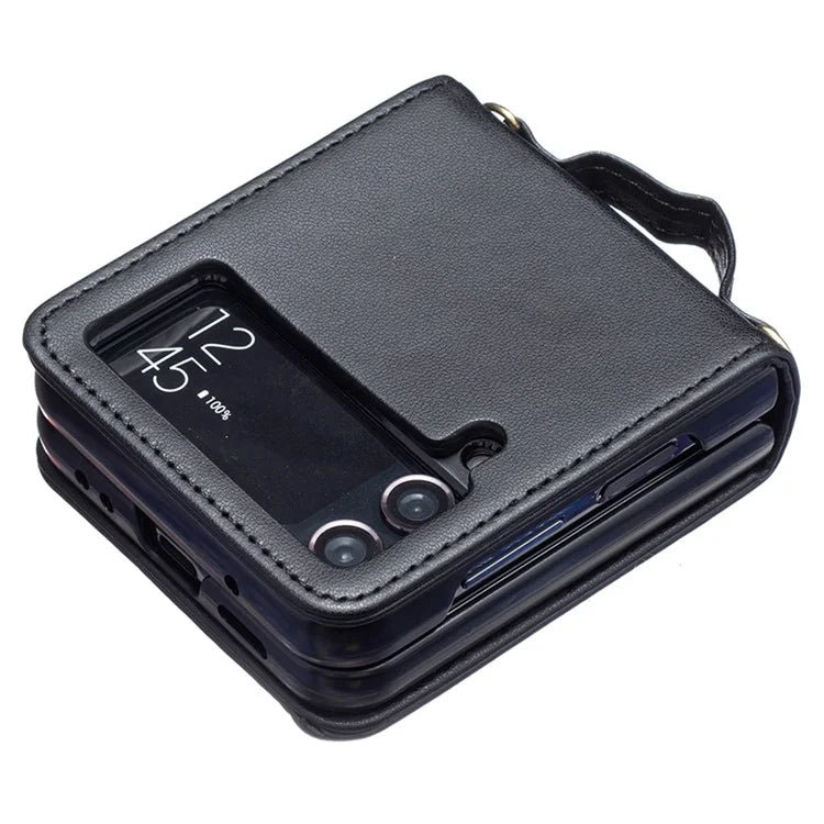 For Samsung Galaxy Z Flip4 5G Leather Case V-Shape Grip Back Cover with Shoulder Strap