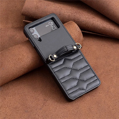 For Samsung Galaxy Z Flip4 5G Leather Case V-Shape Grip Back Cover with Shoulder Strap