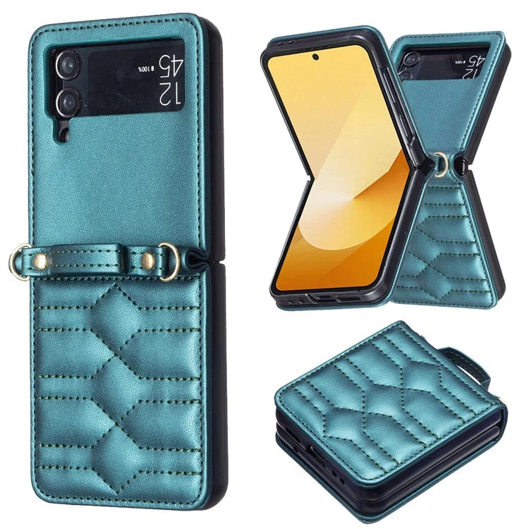 For Samsung Galaxy Z Flip4 5G Leather Case V-Shape Grip Back Cover with Shoulder Strap