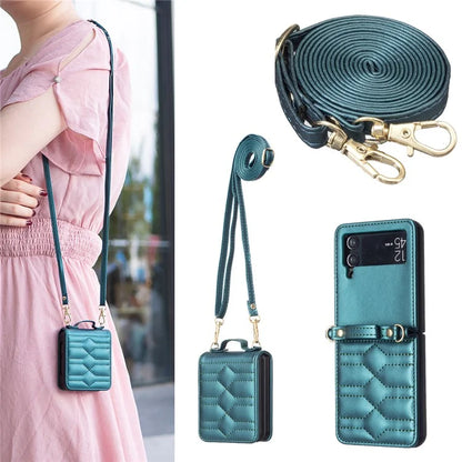For Samsung Galaxy Z Flip4 5G Leather Case V-Shape Grip Back Cover with Shoulder Strap