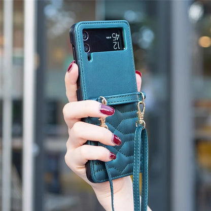 For Samsung Galaxy Z Flip4 5G Leather Case V-Shape Grip Back Cover with Shoulder Strap