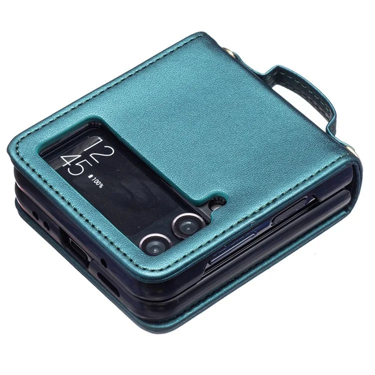 For Samsung Galaxy Z Flip4 5G Leather Case V-Shape Grip Back Cover with Shoulder Strap