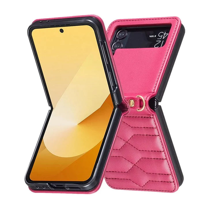 For Samsung Galaxy Z Flip4 5G Leather Case V-Shape Grip Back Cover with Shoulder Strap