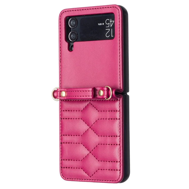 For Samsung Galaxy Z Flip4 5G Leather Case V-Shape Grip Back Cover with Shoulder Strap