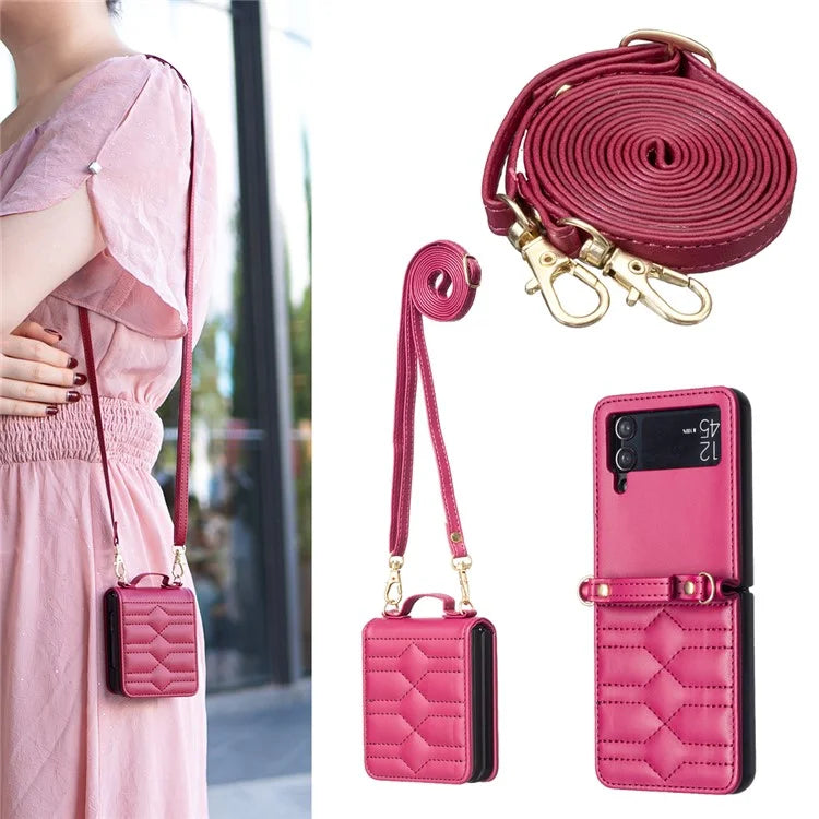 For Samsung Galaxy Z Flip4 5G Leather Case V-Shape Grip Back Cover with Shoulder Strap