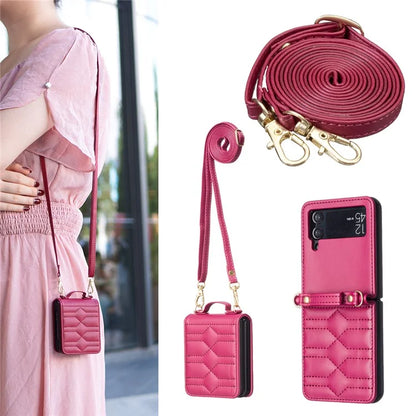 For Samsung Galaxy Z Flip4 5G Leather Case V-Shape Grip Back Cover with Shoulder Strap