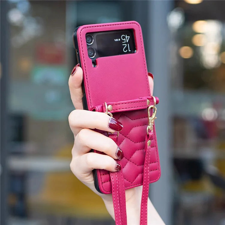 For Samsung Galaxy Z Flip4 5G Leather Case V-Shape Grip Back Cover with Shoulder Strap