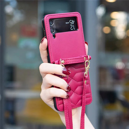 For Samsung Galaxy Z Flip4 5G Leather Case V-Shape Grip Back Cover with Shoulder Strap