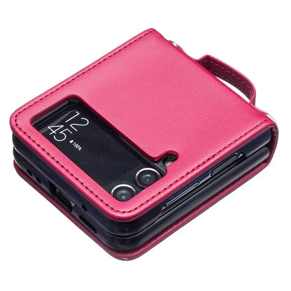For Samsung Galaxy Z Flip4 5G Leather Case V-Shape Grip Back Cover with Shoulder Strap