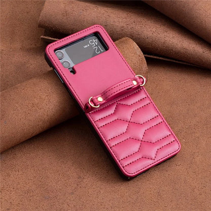 For Samsung Galaxy Z Flip4 5G Leather Case V-Shape Grip Back Cover with Shoulder Strap