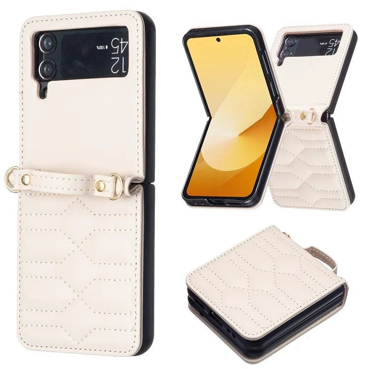 For Samsung Galaxy Z Flip4 5G Leather Case V-Shape Grip Back Cover with Shoulder Strap