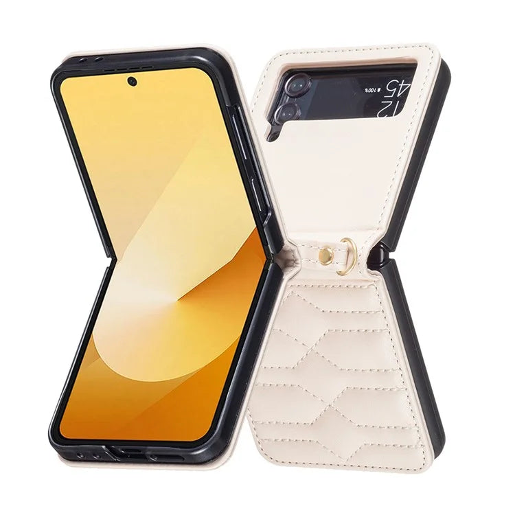 For Samsung Galaxy Z Flip4 5G Leather Case V-Shape Grip Back Cover with Shoulder Strap