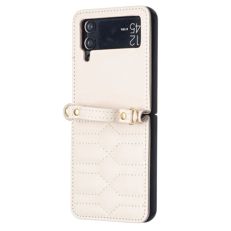 For Samsung Galaxy Z Flip4 5G Leather Case V-Shape Grip Back Cover with Shoulder Strap