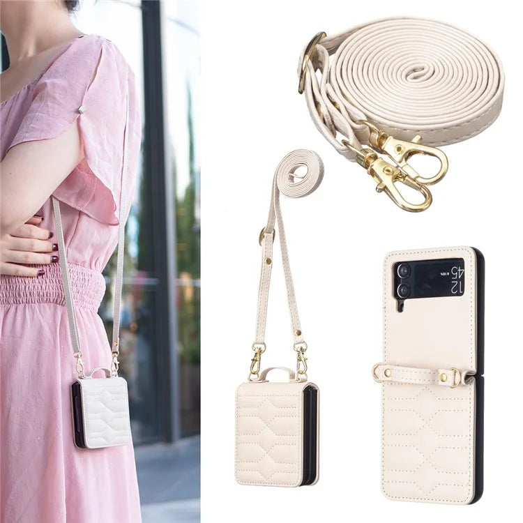 For Samsung Galaxy Z Flip4 5G Leather Case V-Shape Grip Back Cover with Shoulder Strap