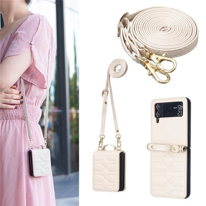 For Samsung Galaxy Z Flip4 5G Leather Case V-Shape Grip Back Cover with Shoulder Strap