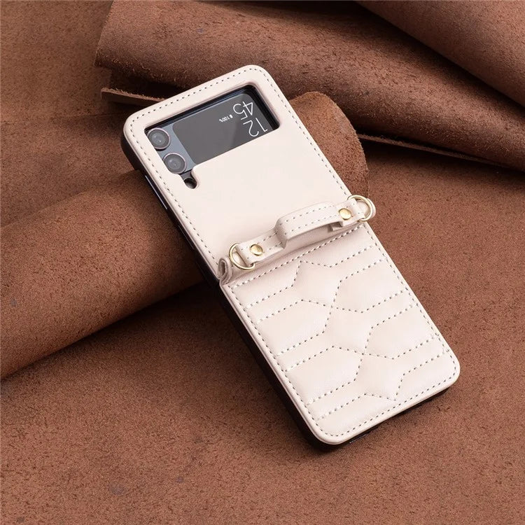 For Samsung Galaxy Z Flip4 5G Leather Case V-Shape Grip Back Cover with Shoulder Strap
