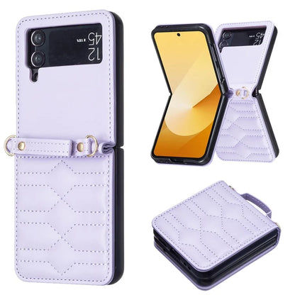 For Samsung Galaxy Z Flip4 5G Leather Case V-Shape Grip Back Cover with Shoulder Strap