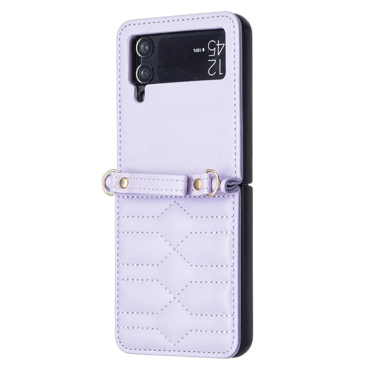 For Samsung Galaxy Z Flip4 5G Leather Case V-Shape Grip Back Cover with Shoulder Strap