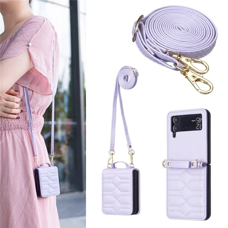 For Samsung Galaxy Z Flip4 5G Leather Case V-Shape Grip Back Cover with Shoulder Strap