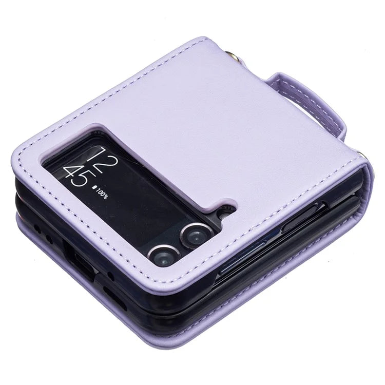 For Samsung Galaxy Z Flip4 5G Leather Case V-Shape Grip Back Cover with Shoulder Strap