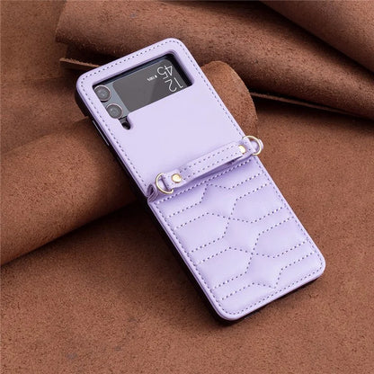 For Samsung Galaxy Z Flip4 5G Leather Case V-Shape Grip Back Cover with Shoulder Strap