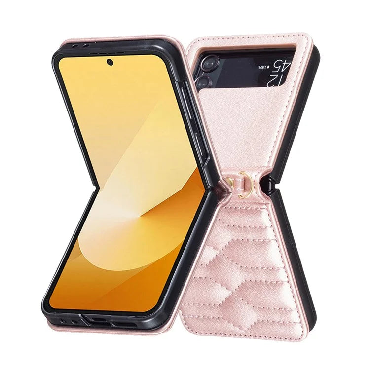 For Samsung Galaxy Z Flip4 5G Leather Case V-Shape Grip Back Cover with Shoulder Strap