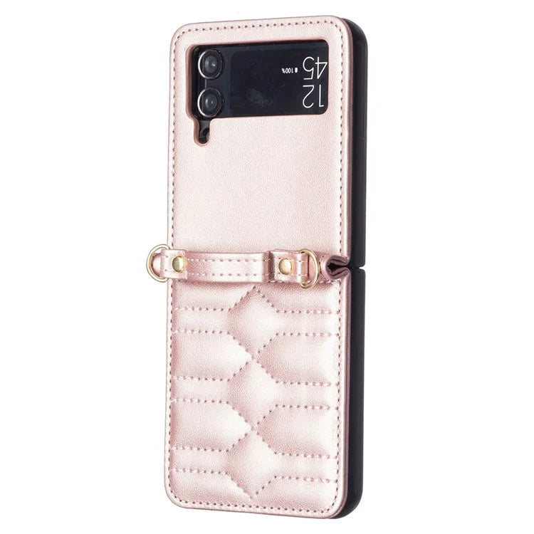 For Samsung Galaxy Z Flip4 5G Leather Case V-Shape Grip Back Cover with Shoulder Strap