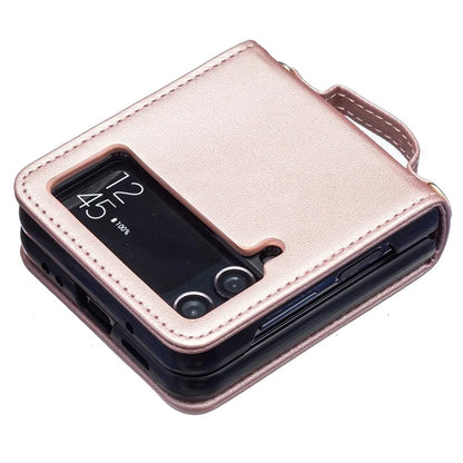 For Samsung Galaxy Z Flip4 5G Leather Case V-Shape Grip Back Cover with Shoulder Strap