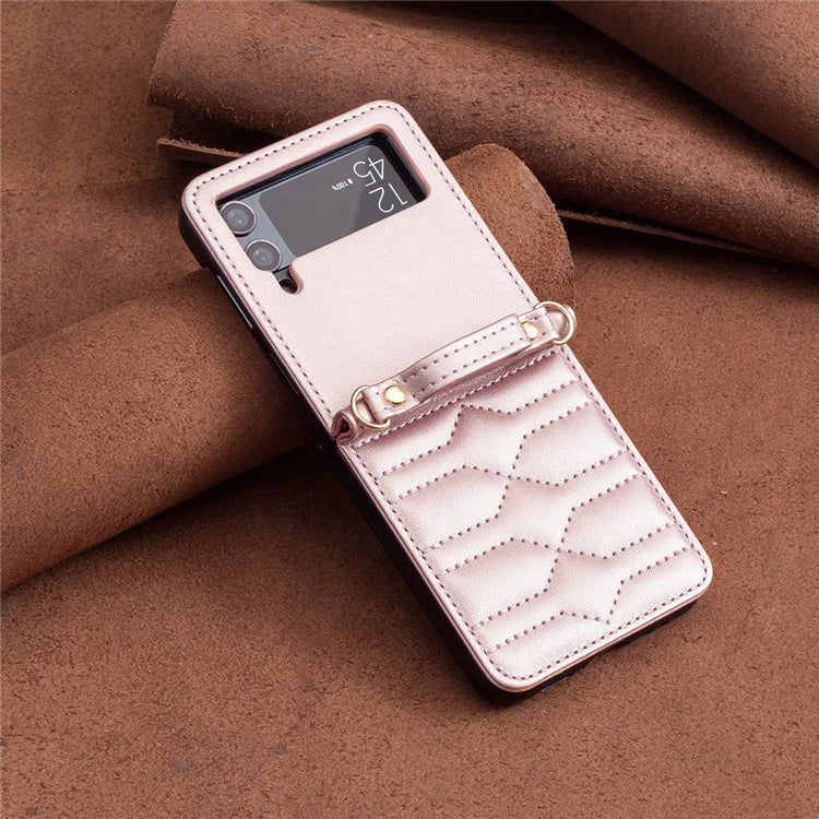 For Samsung Galaxy Z Flip4 5G Leather Case V-Shape Grip Back Cover with Shoulder Strap