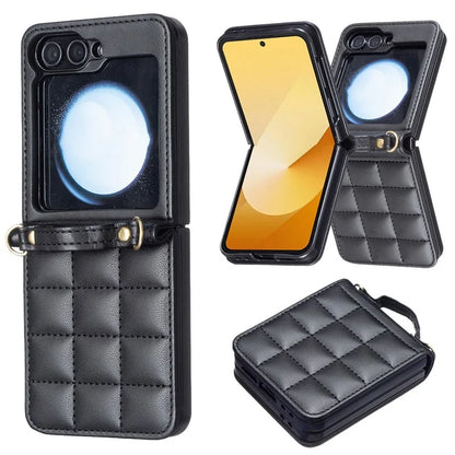 For Samsung Galaxy Z Flip6 5G  /  Z Flip5 5G Phone Case Square Grid Leather Cover with Shoulder Strap