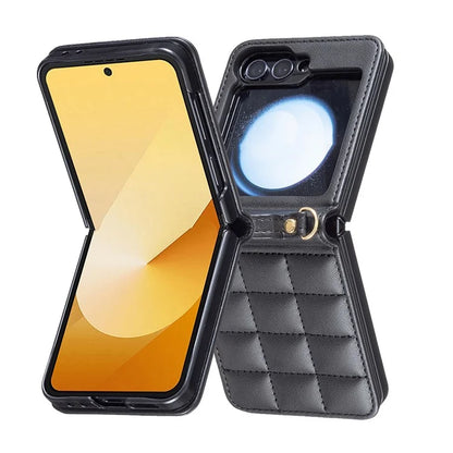 For Samsung Galaxy Z Flip6 5G  /  Z Flip5 5G Phone Case Square Grid Leather Cover with Shoulder Strap