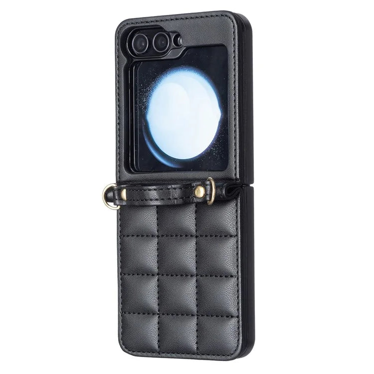 For Samsung Galaxy Z Flip6 5G  /  Z Flip5 5G Phone Case Square Grid Leather Cover with Shoulder Strap
