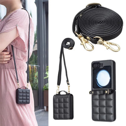For Samsung Galaxy Z Flip6 5G  /  Z Flip5 5G Phone Case Square Grid Leather Cover with Shoulder Strap