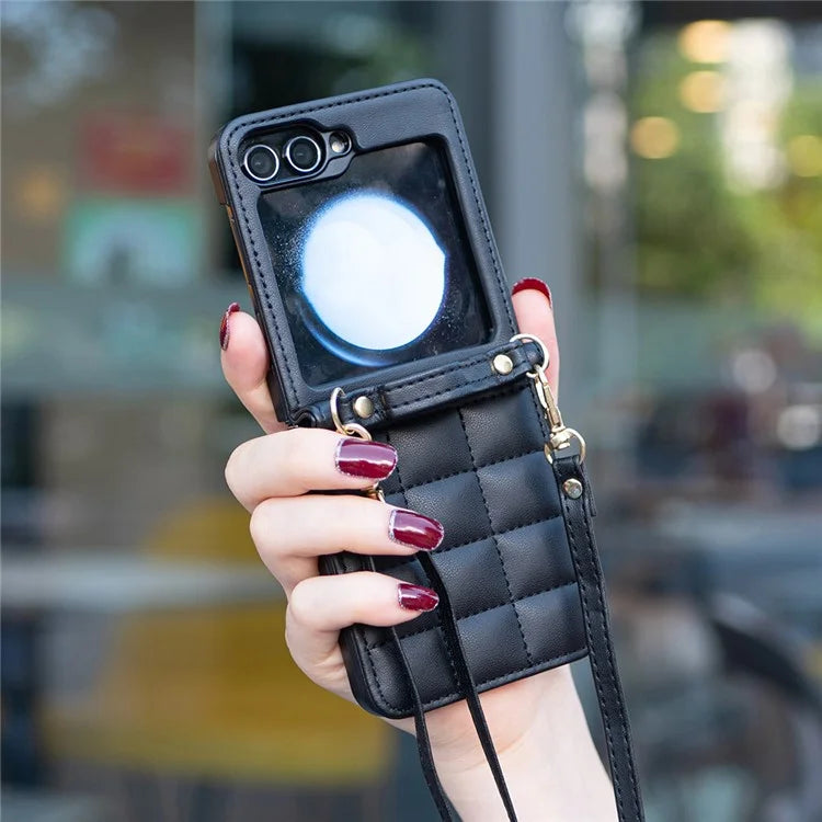 For Samsung Galaxy Z Flip6 5G  /  Z Flip5 5G Phone Case Square Grid Leather Cover with Shoulder Strap
