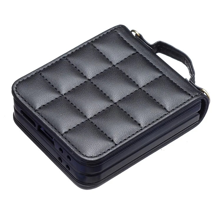 For Samsung Galaxy Z Flip6 5G  /  Z Flip5 5G Phone Case Square Grid Leather Cover with Shoulder Strap
