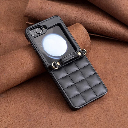 For Samsung Galaxy Z Flip6 5G  /  Z Flip5 5G Phone Case Square Grid Leather Cover with Shoulder Strap