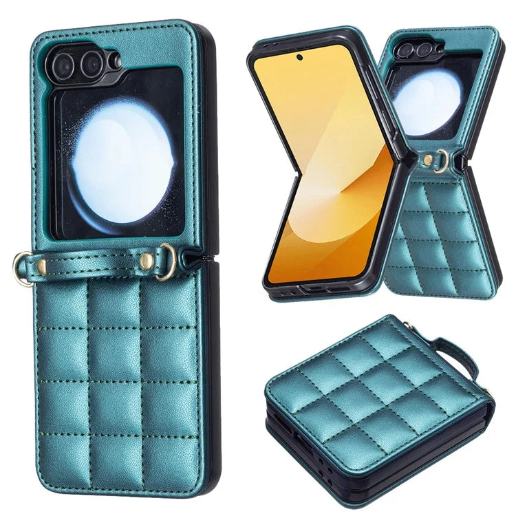 For Samsung Galaxy Z Flip6 5G  /  Z Flip5 5G Phone Case Square Grid Leather Cover with Shoulder Strap