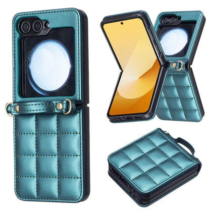 For Samsung Galaxy Z Flip6 5G  /  Z Flip5 5G Phone Case Square Grid Leather Cover with Shoulder Strap