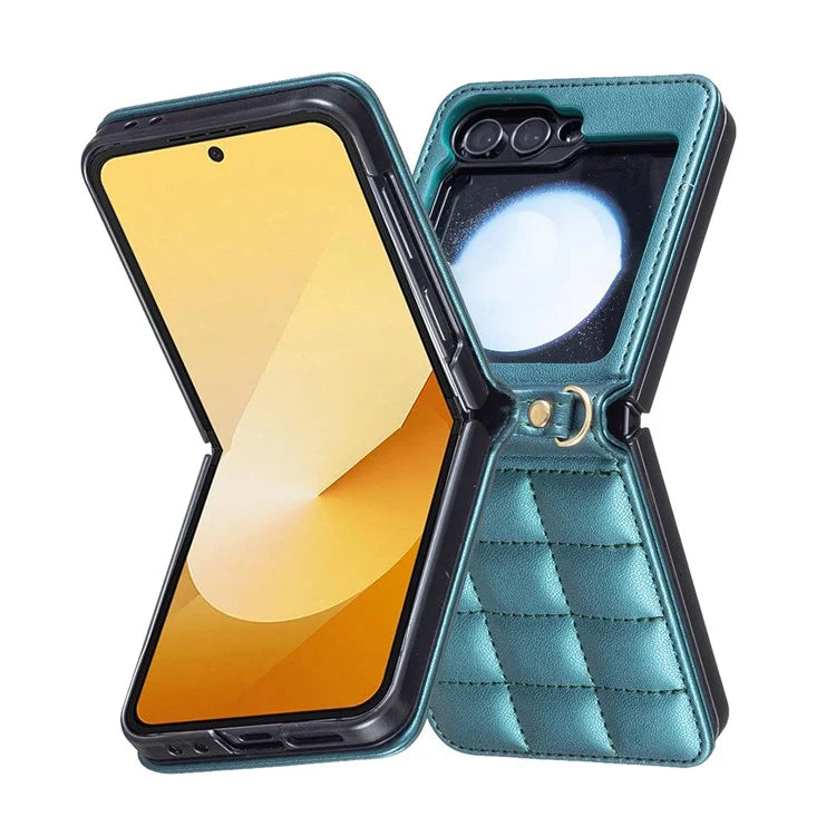 For Samsung Galaxy Z Flip6 5G  /  Z Flip5 5G Phone Case Square Grid Leather Cover with Shoulder Strap
