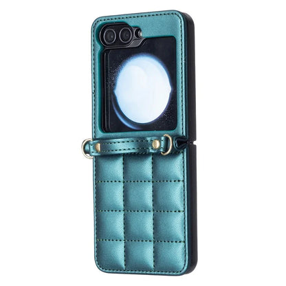 For Samsung Galaxy Z Flip6 5G  /  Z Flip5 5G Phone Case Square Grid Leather Cover with Shoulder Strap