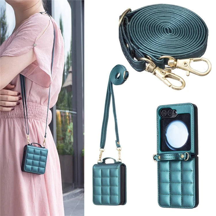For Samsung Galaxy Z Flip6 5G  /  Z Flip5 5G Phone Case Square Grid Leather Cover with Shoulder Strap