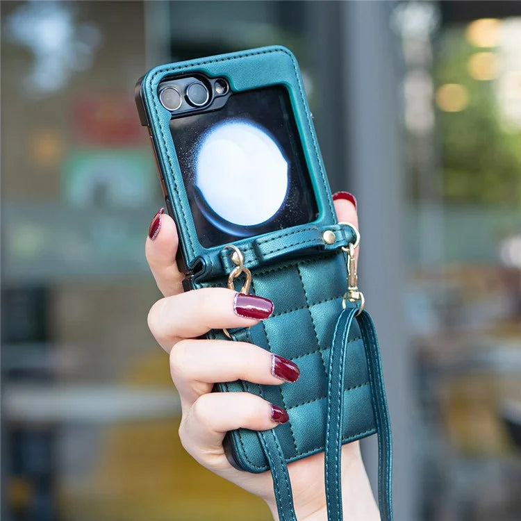 For Samsung Galaxy Z Flip6 5G  /  Z Flip5 5G Phone Case Square Grid Leather Cover with Shoulder Strap