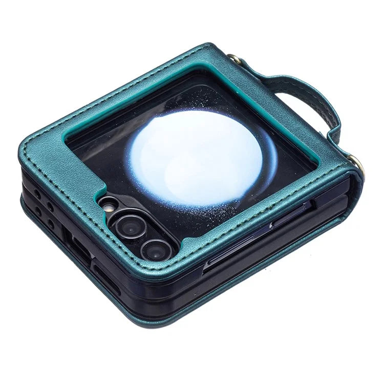For Samsung Galaxy Z Flip6 5G  /  Z Flip5 5G Phone Case Square Grid Leather Cover with Shoulder Strap