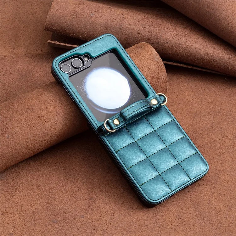 For Samsung Galaxy Z Flip6 5G  /  Z Flip5 5G Phone Case Square Grid Leather Cover with Shoulder Strap