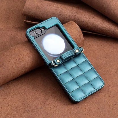 For Samsung Galaxy Z Flip6 5G  /  Z Flip5 5G Phone Case Square Grid Leather Cover with Shoulder Strap