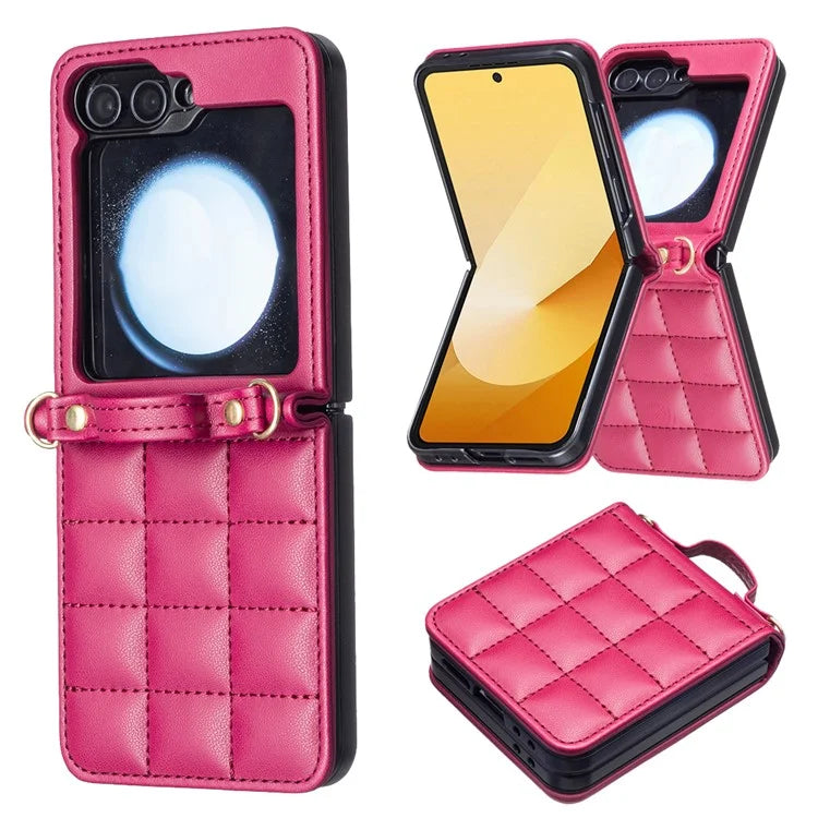 For Samsung Galaxy Z Flip6 5G  /  Z Flip5 5G Phone Case Square Grid Leather Cover with Shoulder Strap