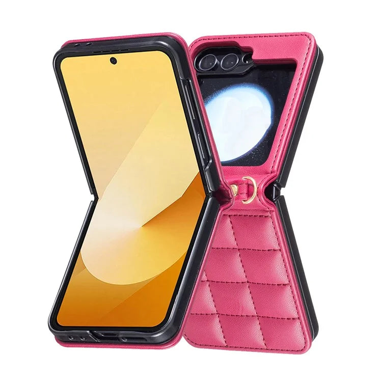 For Samsung Galaxy Z Flip6 5G  /  Z Flip5 5G Phone Case Square Grid Leather Cover with Shoulder Strap