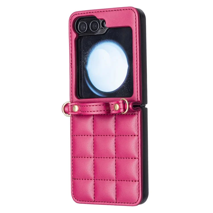 For Samsung Galaxy Z Flip6 5G  /  Z Flip5 5G Phone Case Square Grid Leather Cover with Shoulder Strap
