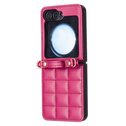 For Samsung Galaxy Z Flip6 5G  /  Z Flip5 5G Phone Case Square Grid Leather Cover with Shoulder Strap