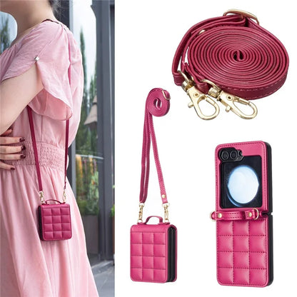 For Samsung Galaxy Z Flip6 5G  /  Z Flip5 5G Phone Case Square Grid Leather Cover with Shoulder Strap